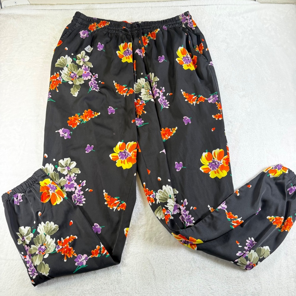 Savage X Fenty Floral Lounge Pants Black Multicolor Satin Joggers Large